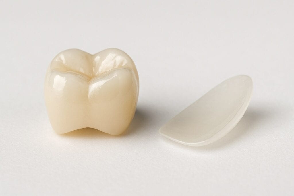 A dental crown and a porcelain veneer side by side for comparison