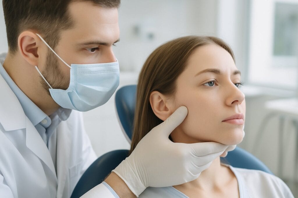Dentist examining the jaw joint to diagnose TMJ disorder