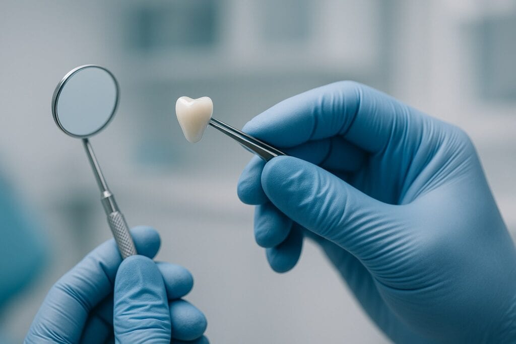 Dentist holding a permanent dental crown with tweezers beside a dental mirror