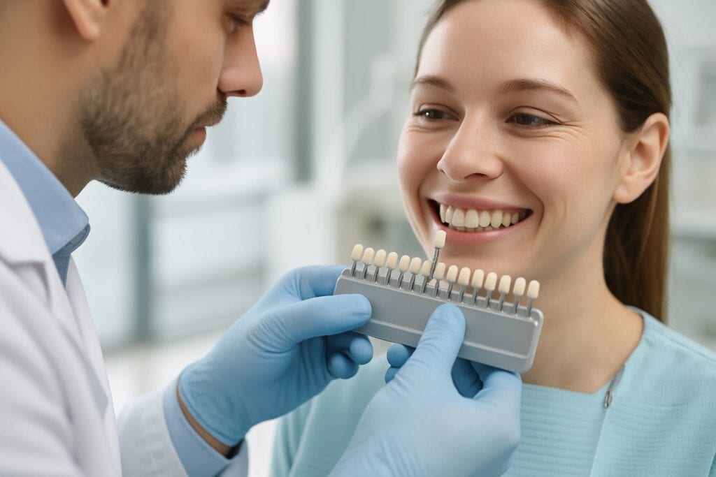 Dentist matching tooth shade with a shade guide before teeth whitening
