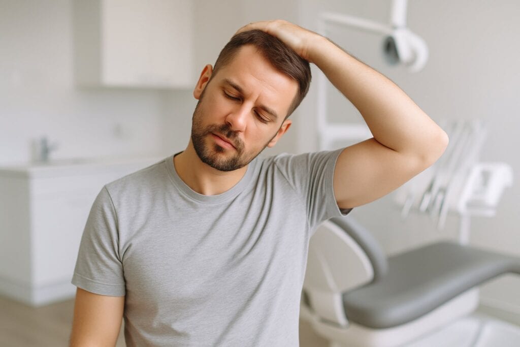 Person doing a gentle neck stretch to relieve neck pain from TMJ