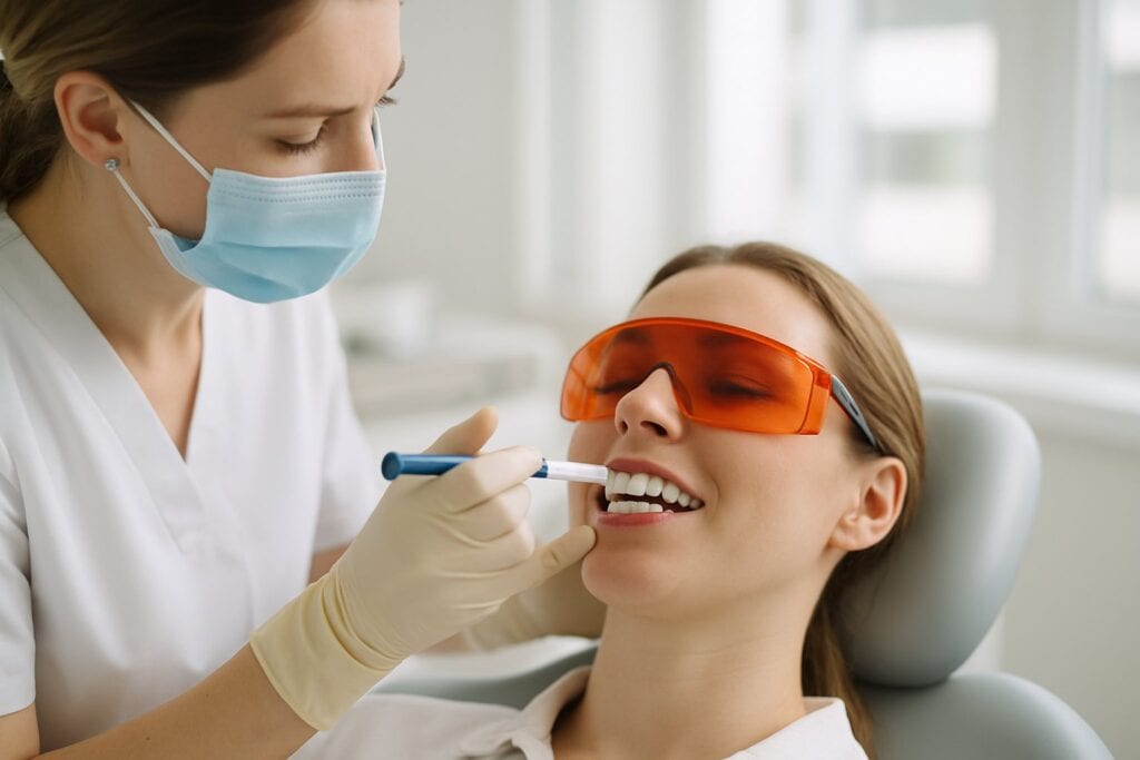 Patient receiving in-office professional teeth whitening treatment