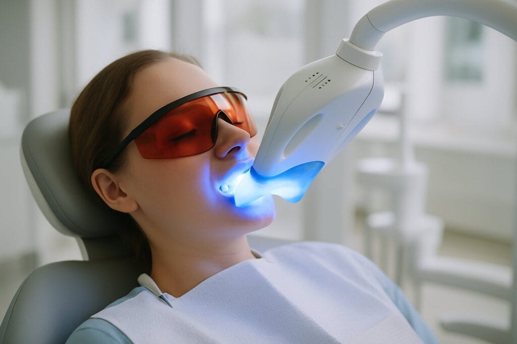 Patient undergoing an LED light teeth whitening treatment