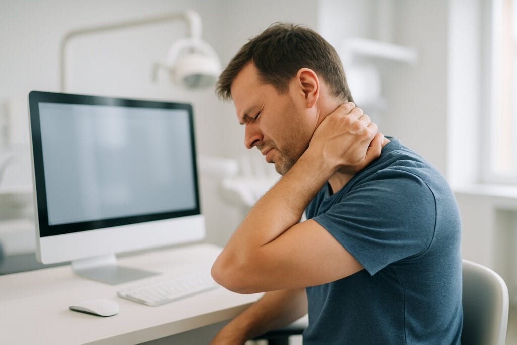 Person at a desk with neck tension and stiffness linked to TMJ
